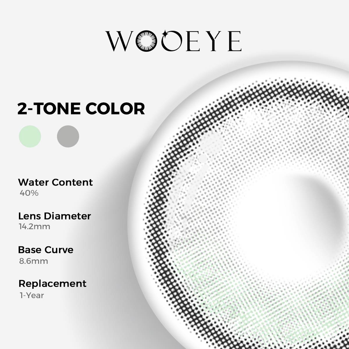 Bubbles Gray Color Contacts specifications: 14.2mm diameter, 8.6mm base curve, and 40% water content for daily comfort.