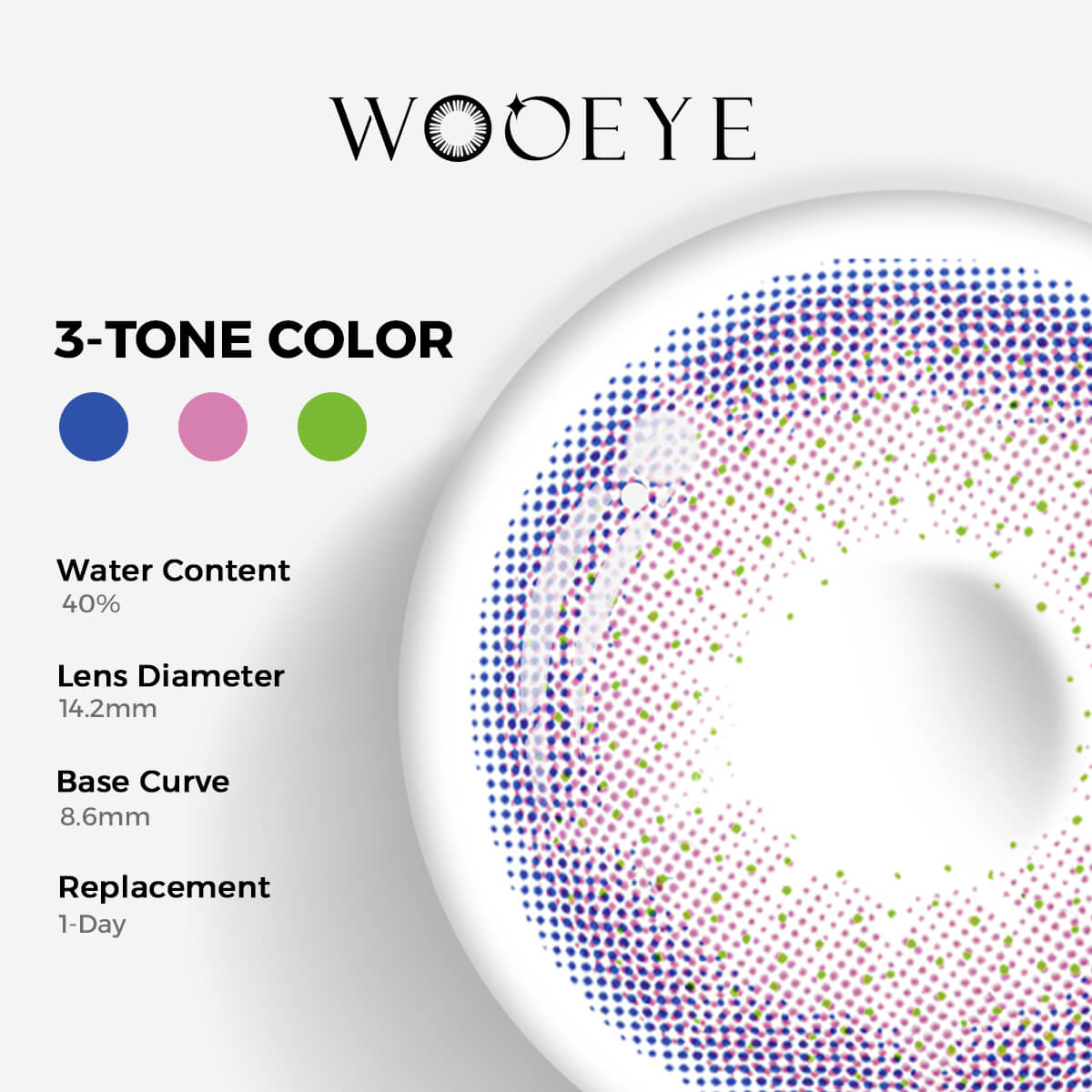 Dreamland Purple Contact Lenses Color Contacts specifications: 14.2mm diameter, 8.6mm base curve, and 40% water content for daily comfort.