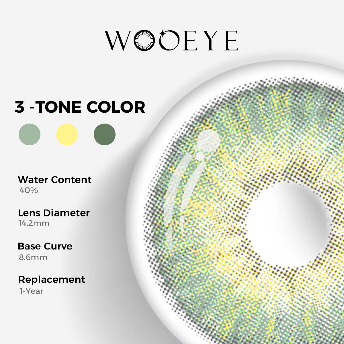 Mist Green Color Contacts specifications: 14.2mm diameter, 8.6mm base curve, and 40% water content for daily comfort.