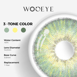 Mist Green Color Contacts specifications: 14.2mm diameter, 8.6mm base curve, and 40% water content for daily comfort.