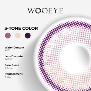 Bubbles Purple Color Contacts specifications: 14.2mm diameter, 8.6mm base curve, and 40% water content for daily comfort.