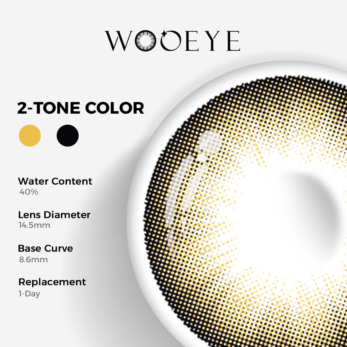 Acorn Brown Color Contacts specifications: 14.5mm diameter, 8.6mm base curve, and 40% water content for daily comfort.