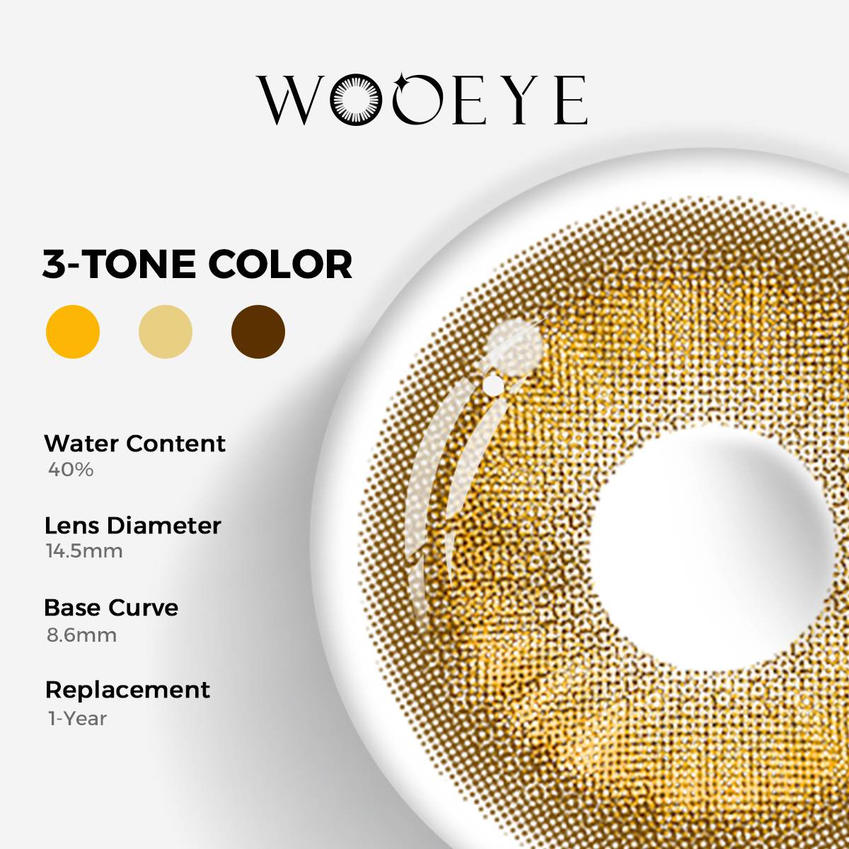 Princess Brown Color Contacts specifications: 14.5mm diameter, 8.6mm base curve, and 40% water content for daily comfort.