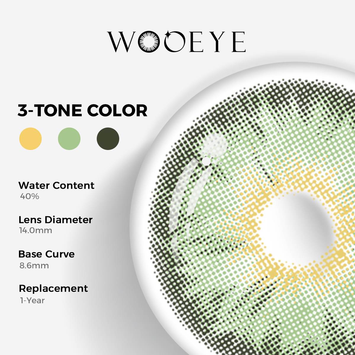 Mermaid Green Color Contacts specifications: 14.0mm diameter, 8.6mm base curve, and 40% water content for daily comfort.