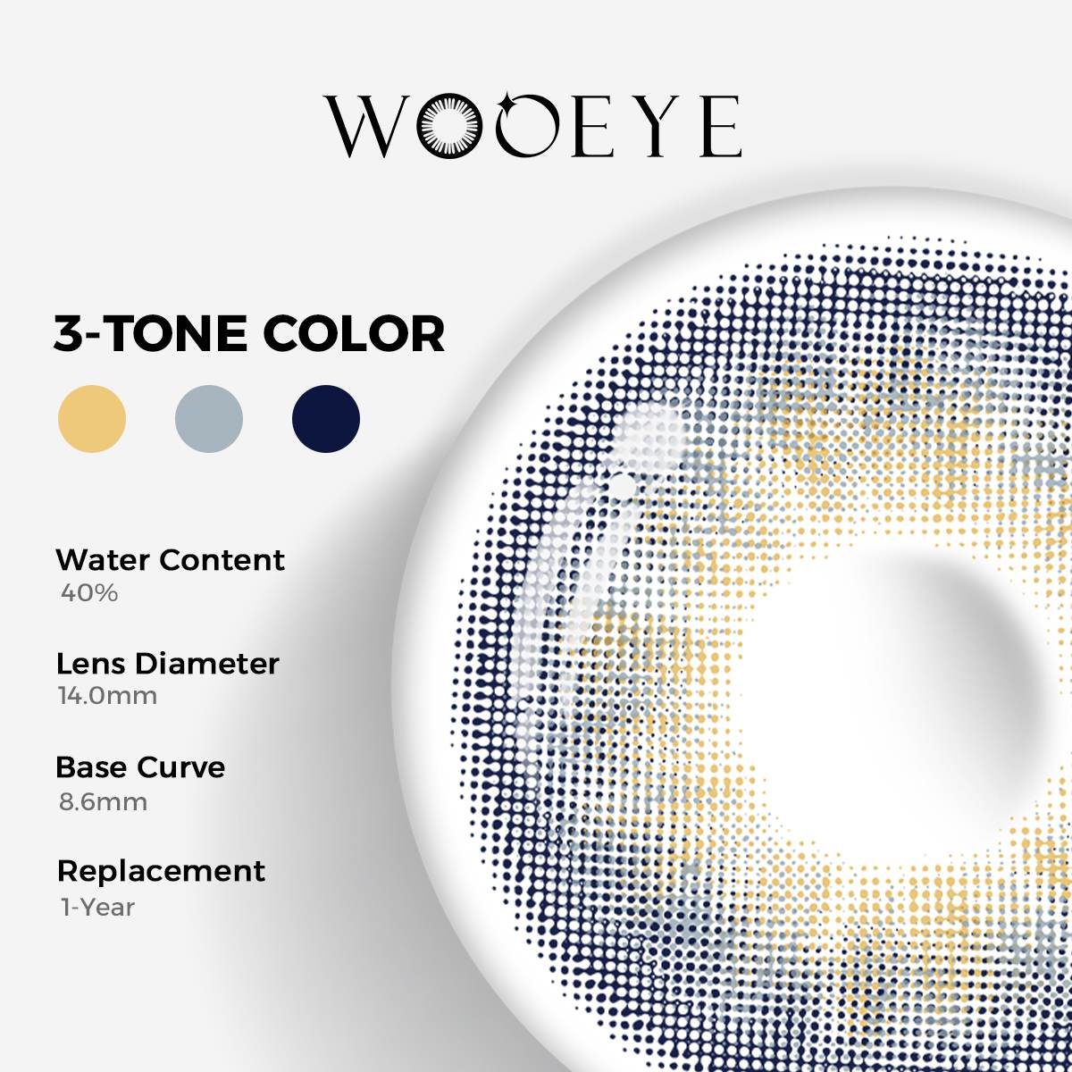 Wine Blue Color Contacts specifications: 14.0mm diameter, 8.6mm base curve, and 40% water content for daily comfort.