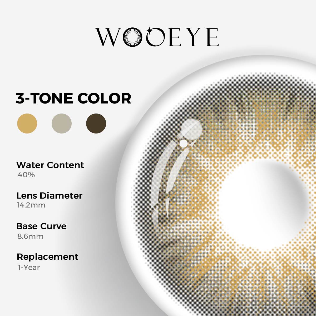 Dancer Deep Grey Color Contacts specifications: 14.2mm diameter, 8.6mm base curve, and 40% water content for daily comfort.