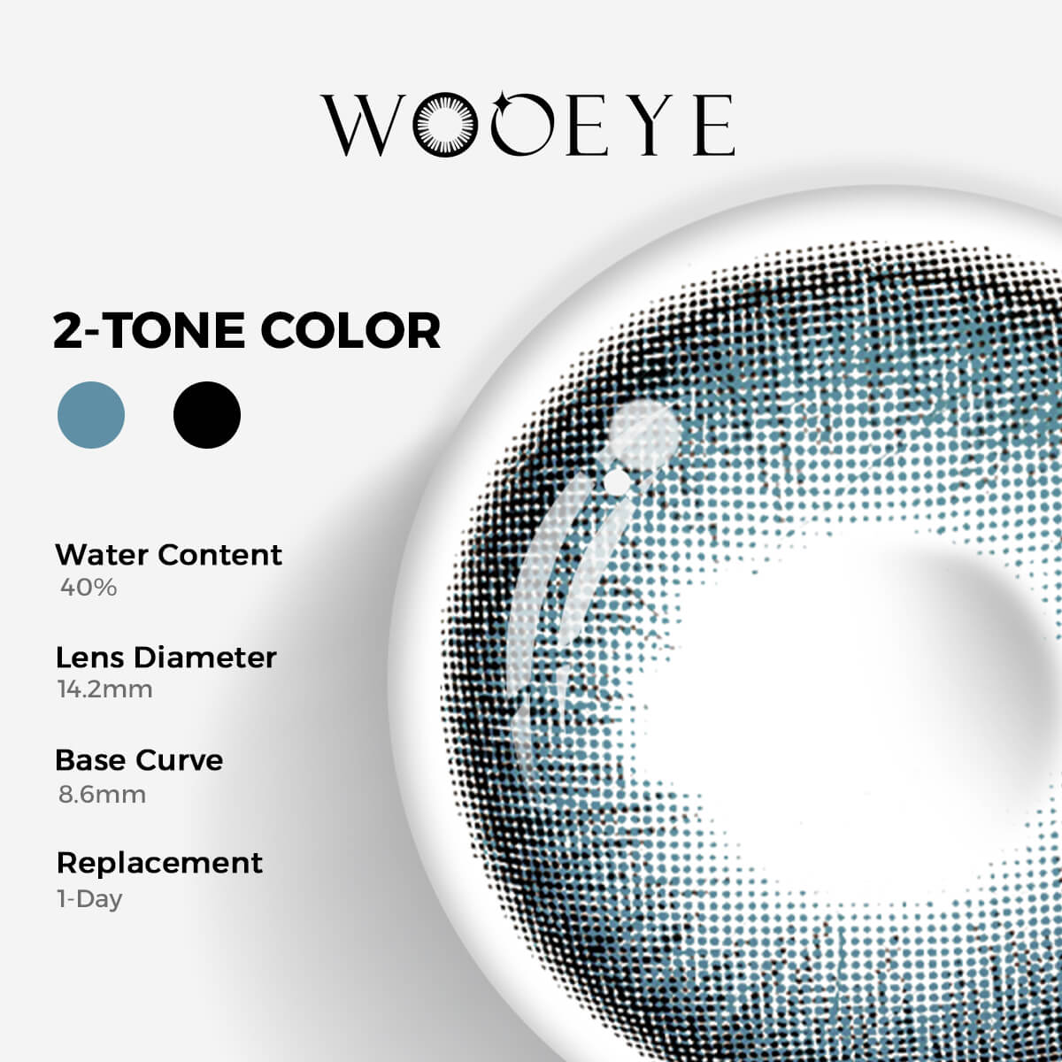 Queen Ice Blue Contact Lenses Color Contacts specifications: 14.2mm diameter, 8.6mm base curve, and 40% water content for daily comfort.