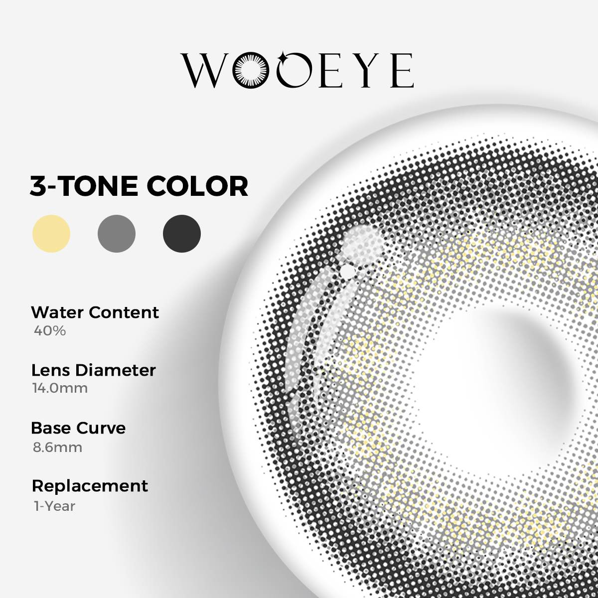 Banshe Gray Color Contacts specifications: 14.0mm diameter, 8.6mm base curve, and 40% water content for daily comfort.