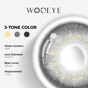 Banshe Gray Color Contacts specifications: 14.0mm diameter, 8.6mm base curve, and 40% water content for daily comfort.