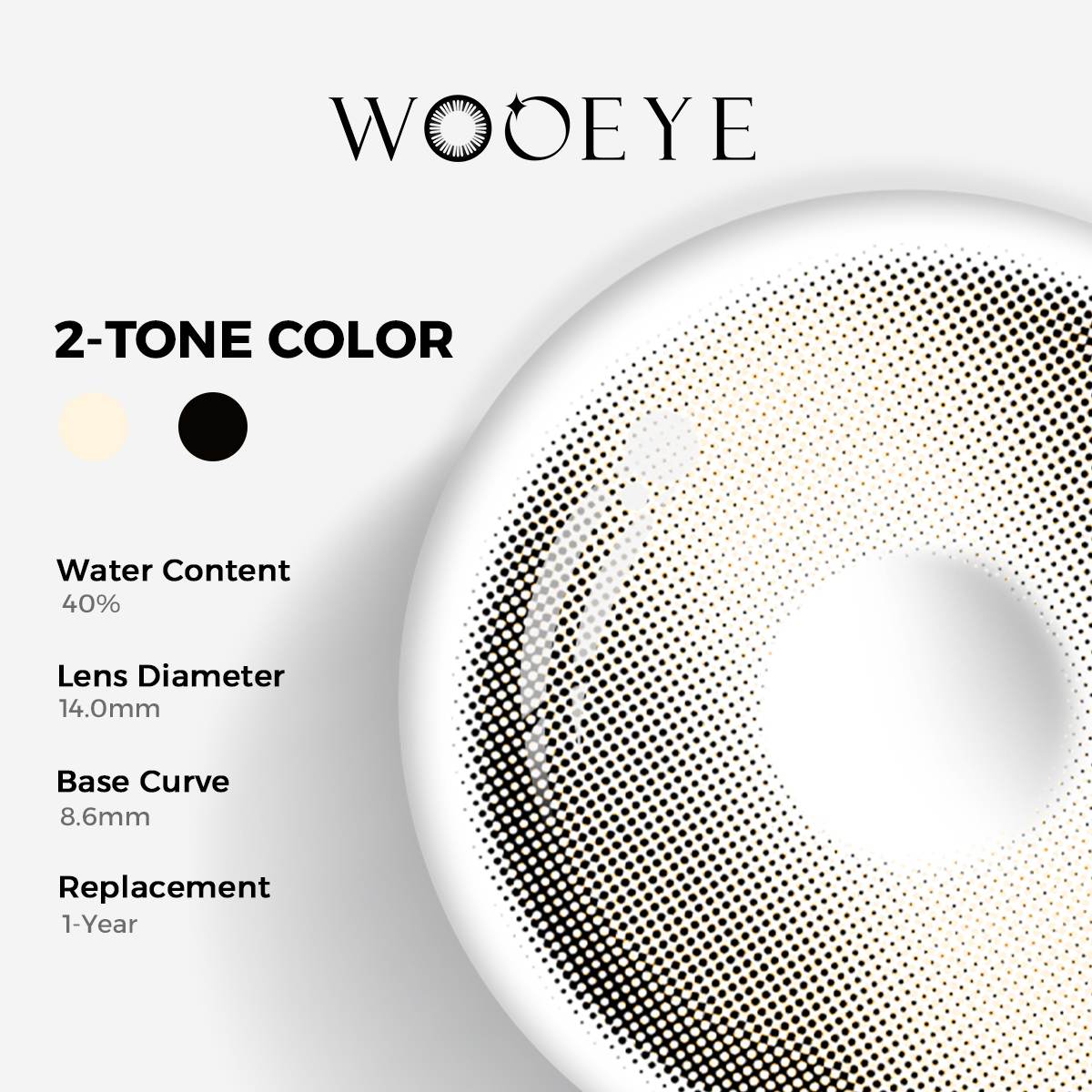 Glass Gray Color Contacts specifications: 14.0mm diameter, 8.6mm base curve, and 40% water content for daily comfort.