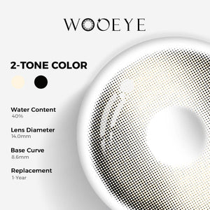 Glass Gray Color Contacts specifications: 14.0mm diameter, 8.6mm base curve, and 40% water content for daily comfort.