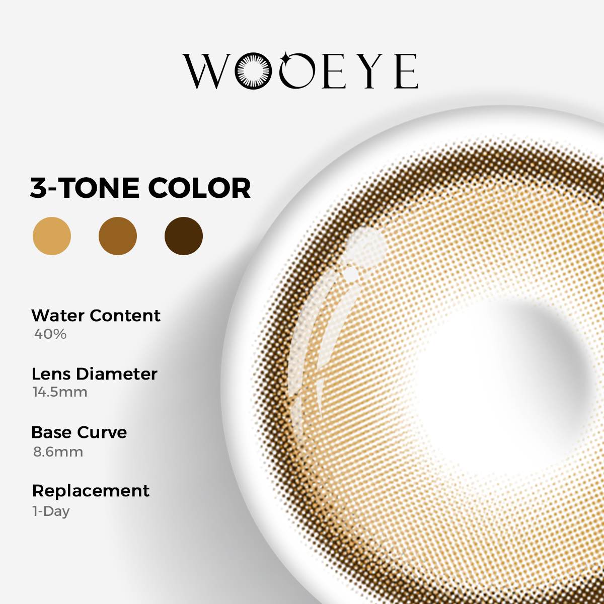Acorn Honey Grey Color Contacts specifications: 14.5mm diameter, 8.6mm base curve, and 40% water content for daily comfort.