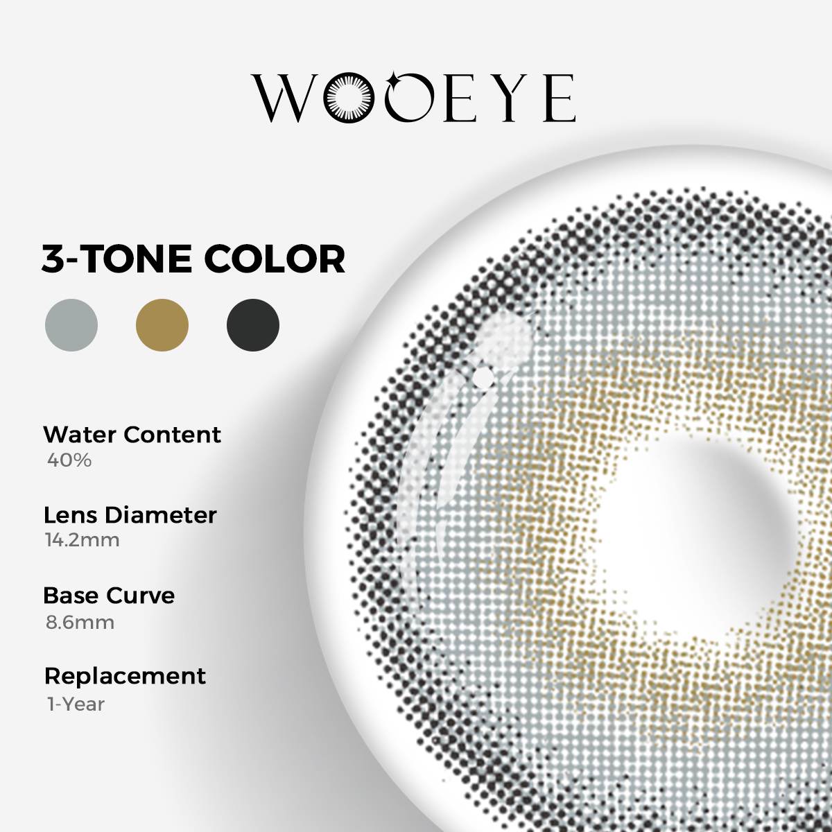 LA Girl Gray Color Contacts specifications: 14.2mm diameter, 8.6mm base curve, and 40% water content for daily comfort.