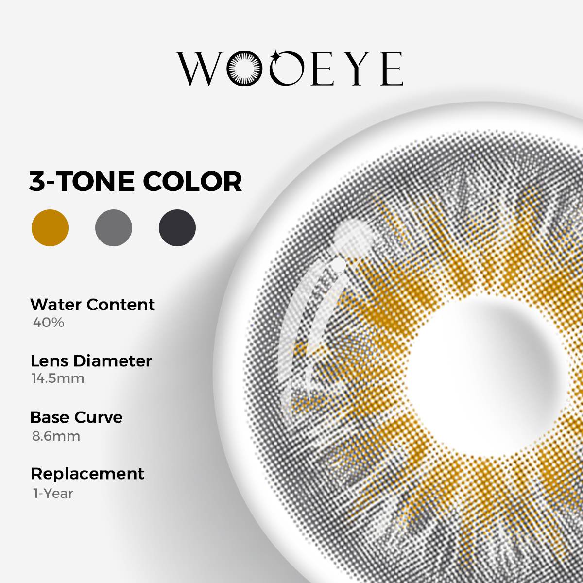 Vegas Grey Color Contacts specifications: 14.5mm diameter, 8.6mm base curve, and 40% water content for daily comfort.