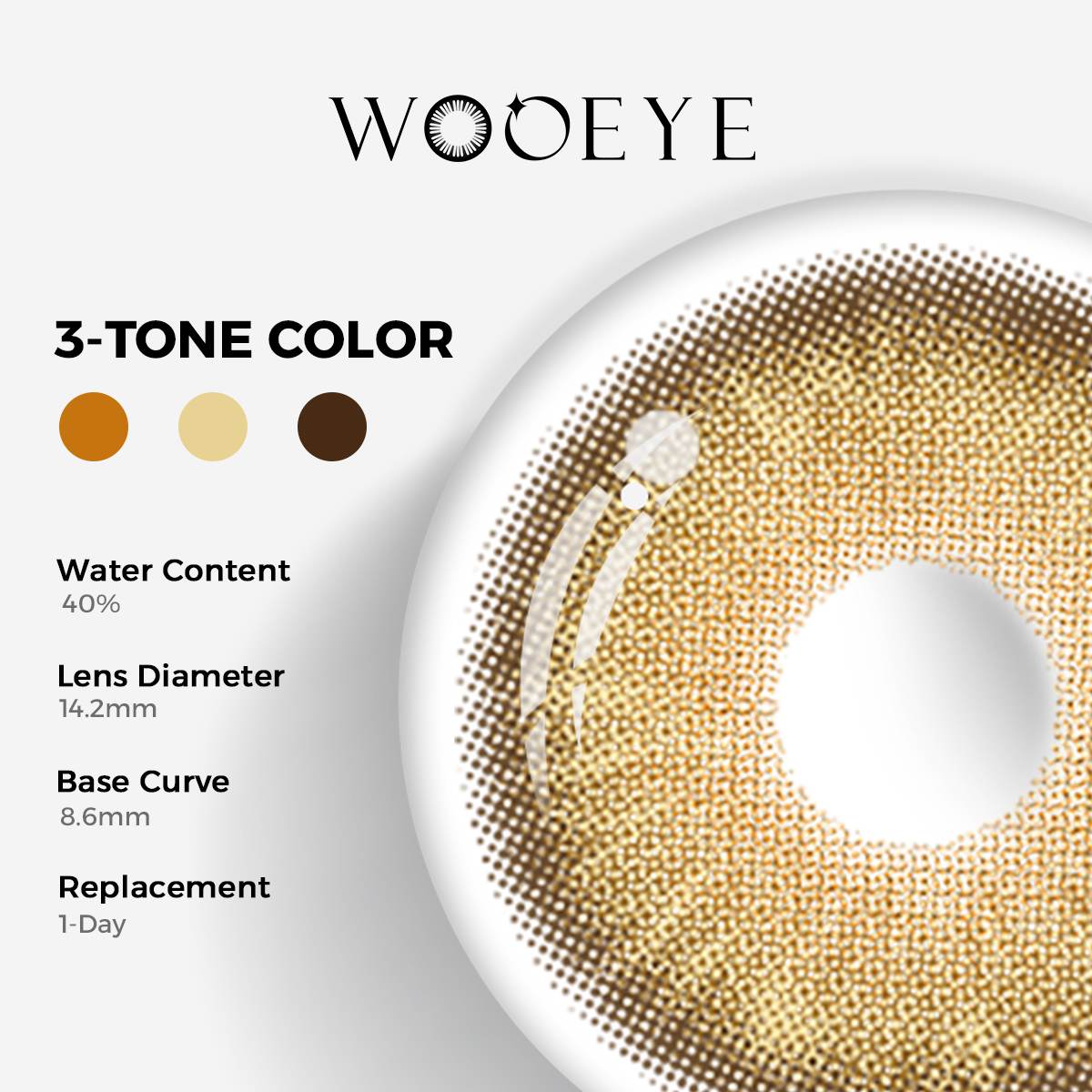 Space Brown Color Contacts specifications: 14.2mm diameter, 8.6mm base curve, and 40% water content for daily comfort.