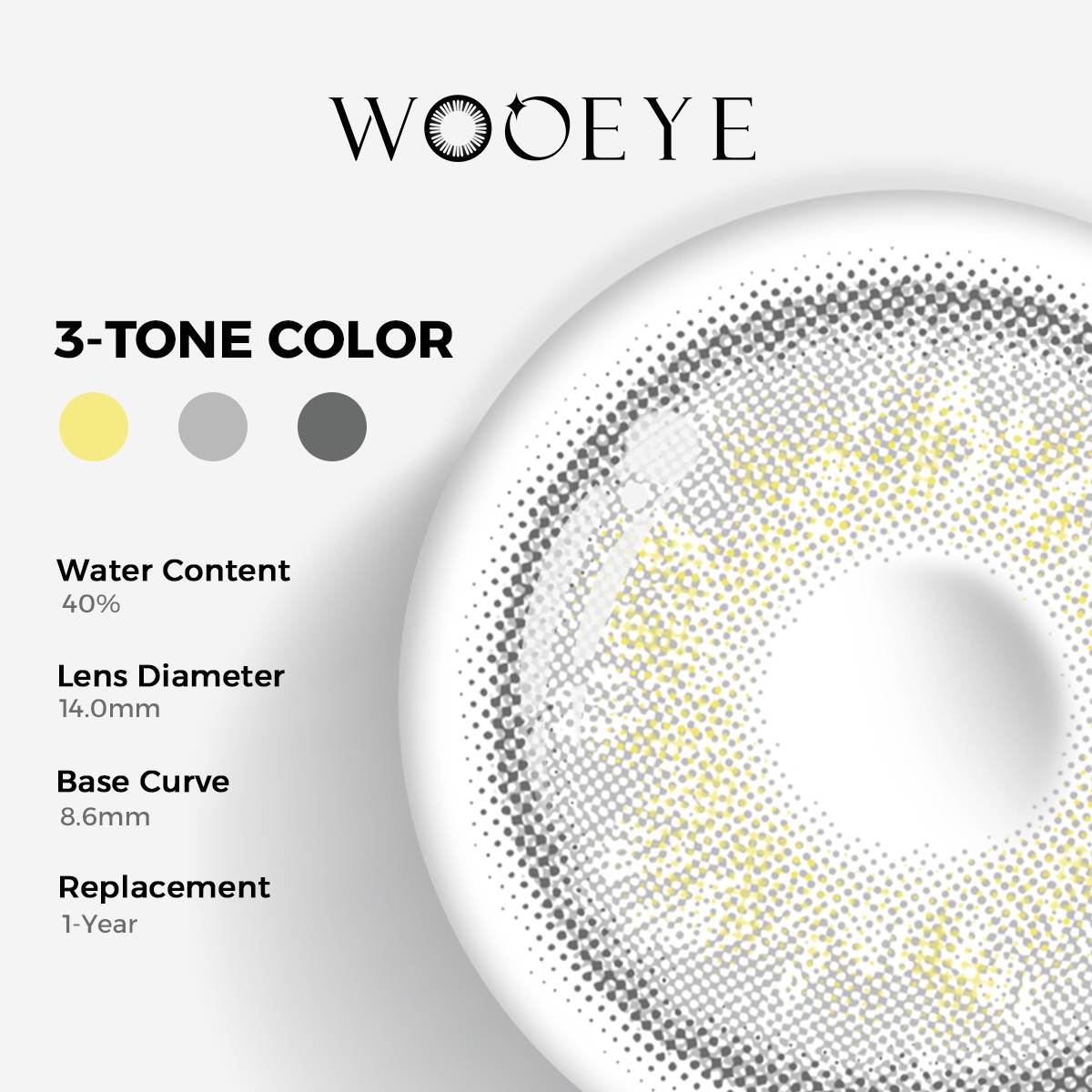 Russian Grey Color Contacts specifications: 14.0mm diameter, 8.6mm base curve, and 40% water content for daily comfort.