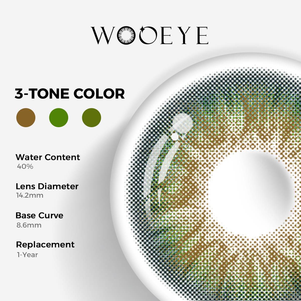 Dancer Deep Green Color Contacts specifications: 14.2mm diameter, 8.6mm base curve, and 40% water content for daily comfort.