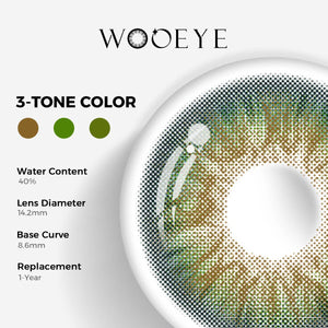 Dancer Deep Green Color Contacts specifications: 14.2mm diameter, 8.6mm base curve, and 40% water content for daily comfort.