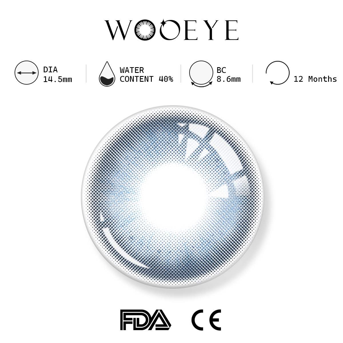 human barbie blue product specifications, Wooeye logo on top, FDA and CE certification marks on bottom