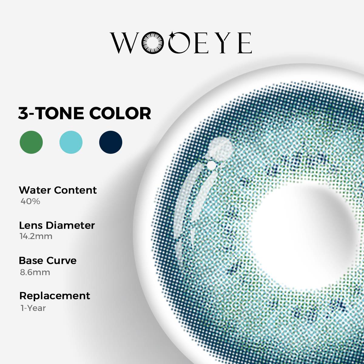 Charm Green Color Contacts specifications: 14.2mm diameter, 8.6mm base curve, and 40% water content for daily comfort.
