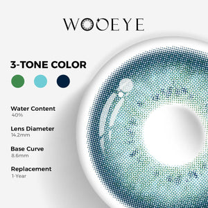 Charm Green Color Contacts specifications: 14.2mm diameter, 8.6mm base curve, and 40% water content for daily comfort.