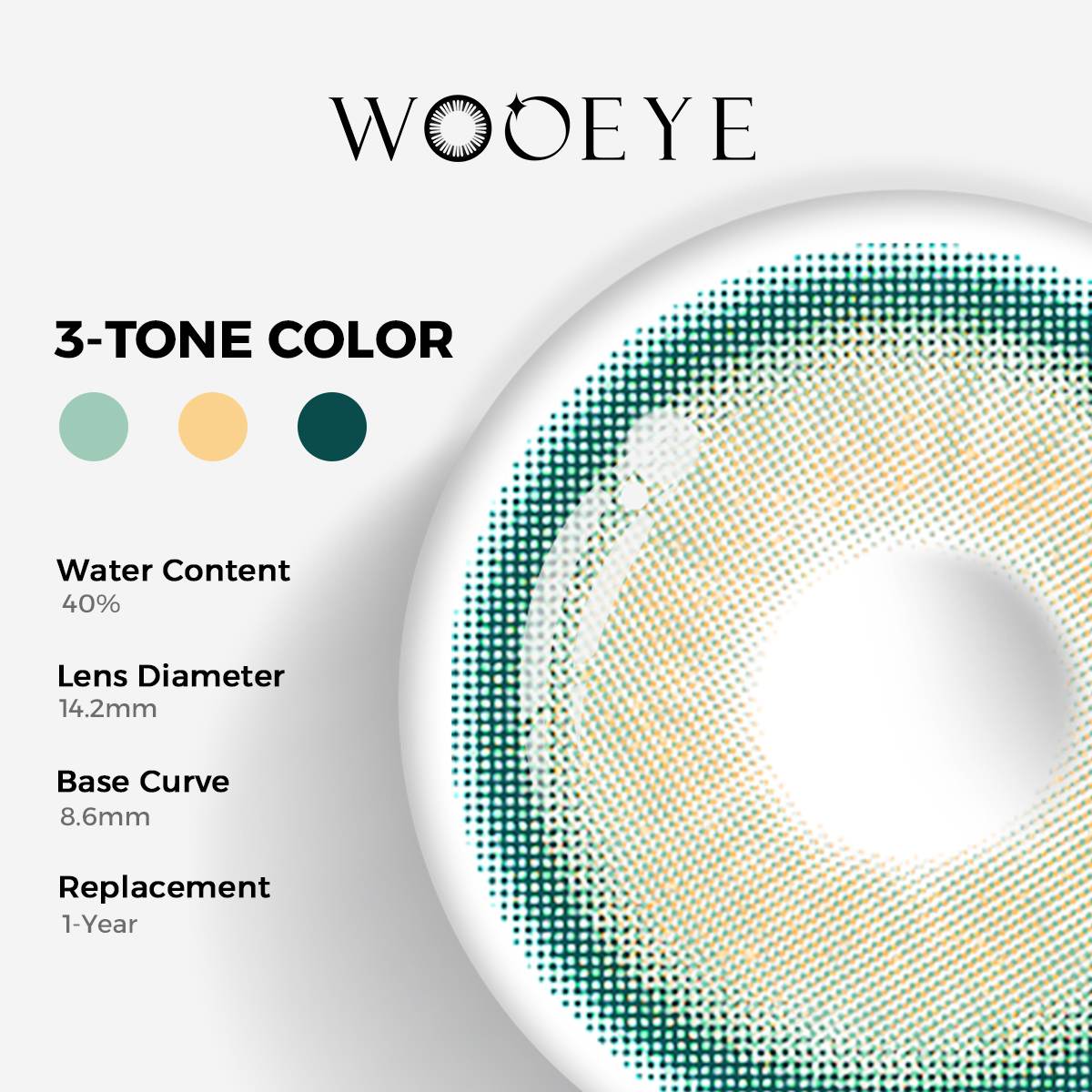 Star Green Color Contacts specifications: 14.2mm diameter, 8.6mm base curve, and 40% water content for daily comfort.