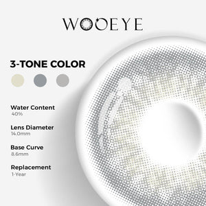 Taylor Gray Color Contacts specifications: 14.0mm diameter, 8.6mm base curve, and 40% water content for daily comfort.