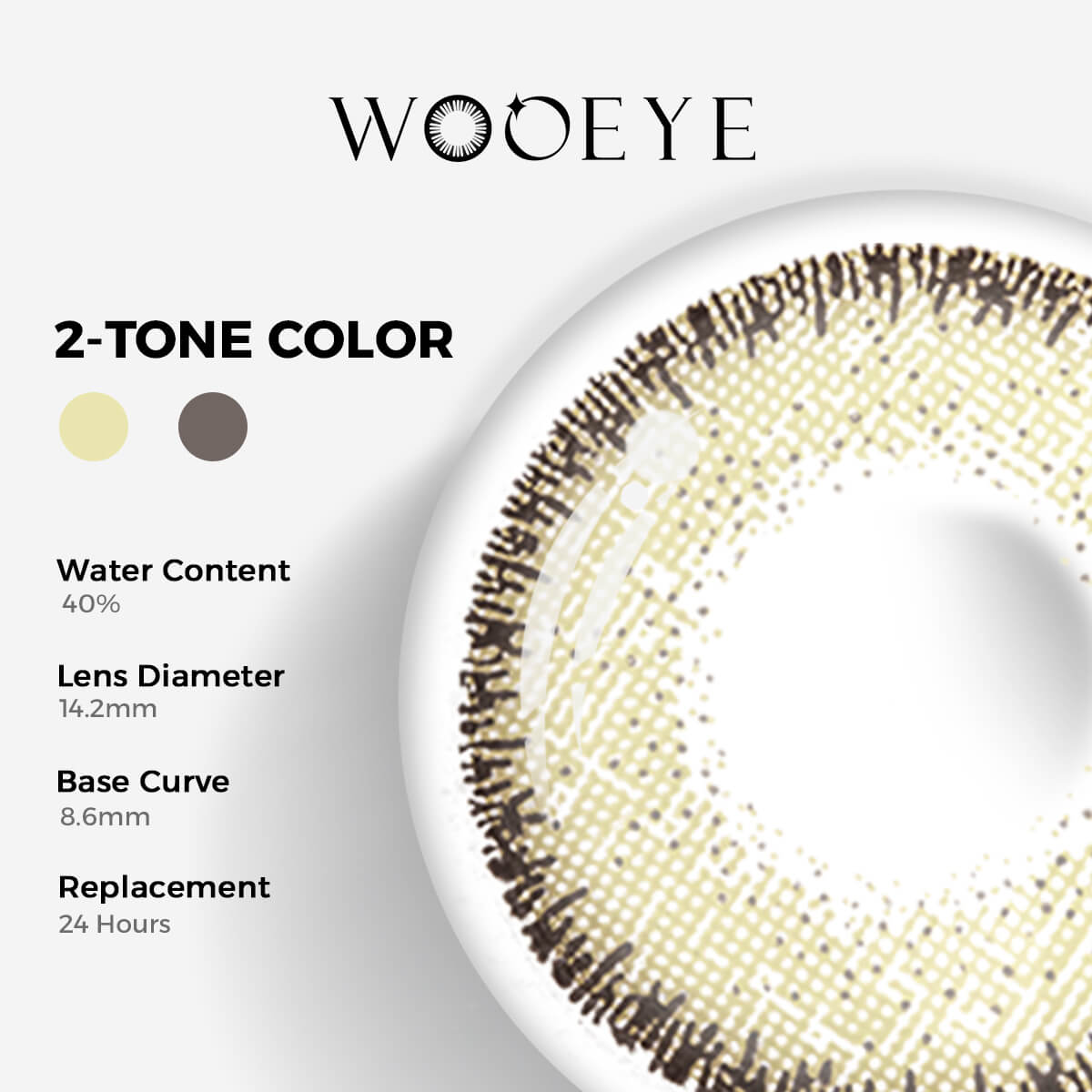 Nut Blue Color Contacts specifications: 14.2mm diameter, 8.6mm base curve, and 40% water content for daily comfort.