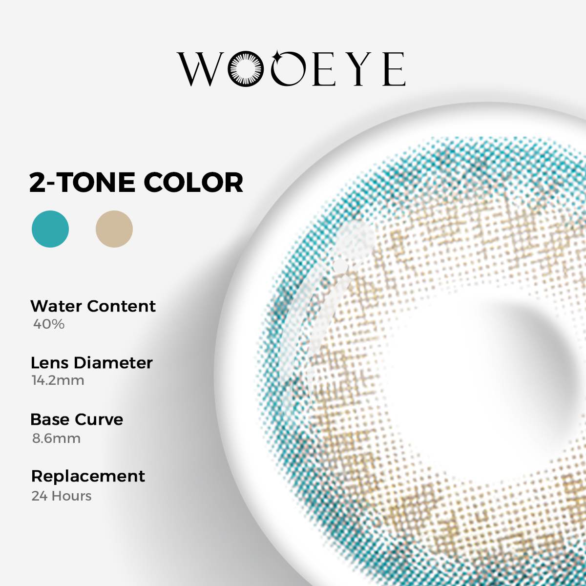 Angel Blue Color Contacts specifications: 14.2mm diameter, 8.6mm base curve, and 40% water content for daily comfort.