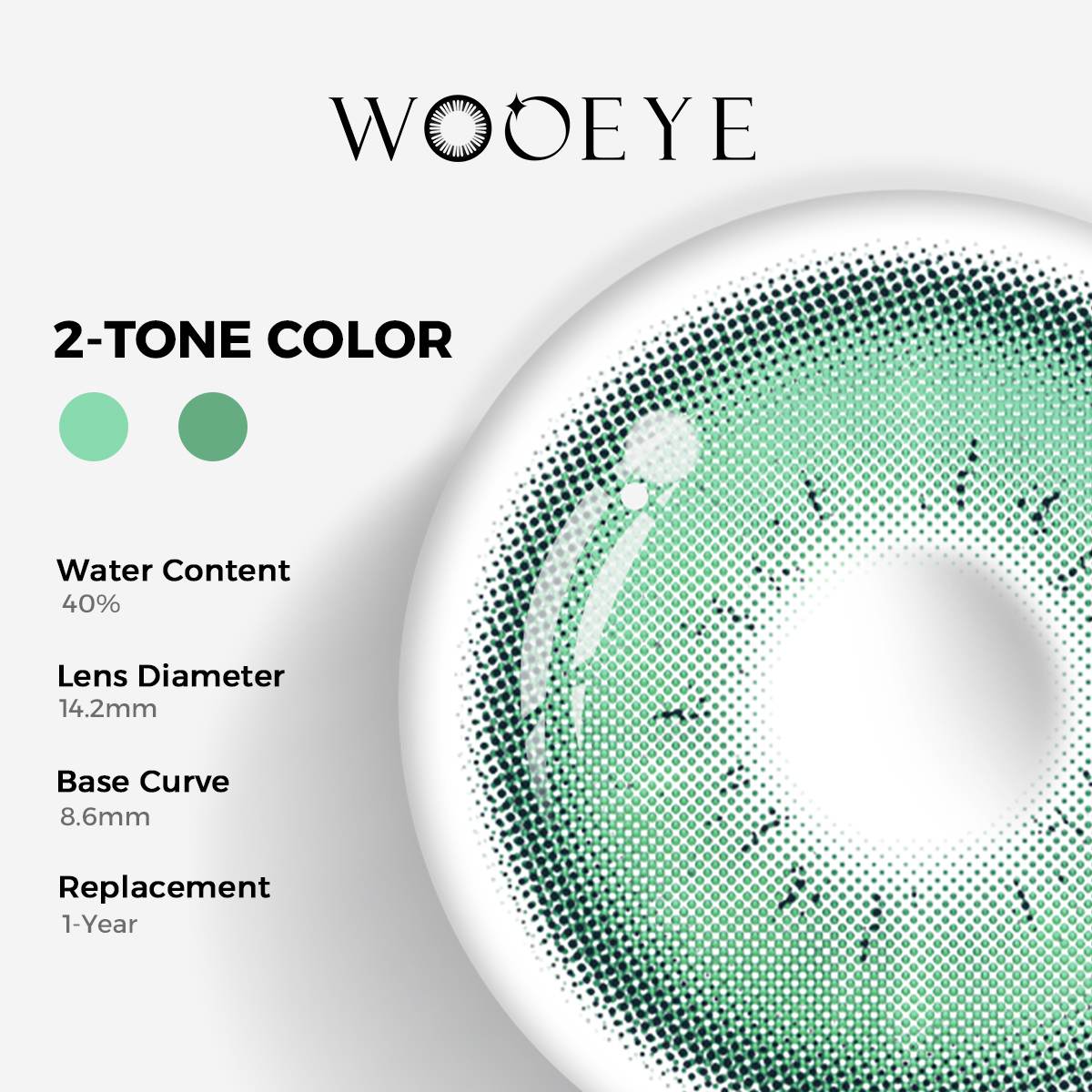 Romantic Green Color Contacts specifications: 14.2mm diameter, 8.6mm base curve, and 40% water content for daily comfort.