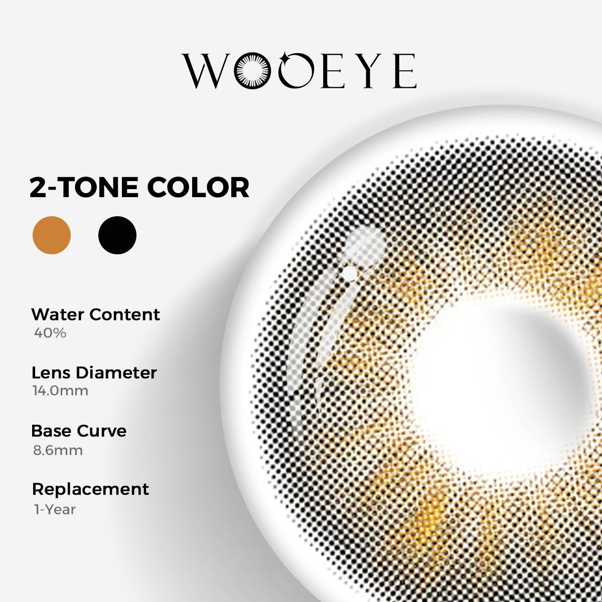 Molly Brown Black Color Contacts specifications: 14.0mm diameter, 8.6mm base curve, and 40% water content for daily comfort.
