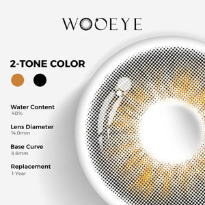 Molly Brown Black Color Contacts specifications: 14.0mm diameter, 8.6mm base curve, and 40% water content for daily comfort.