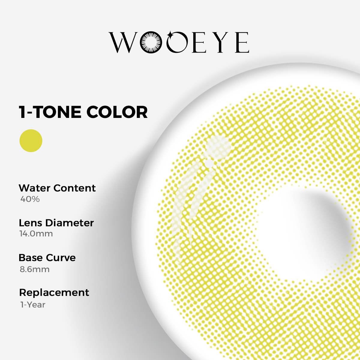 Mulberry Green Color Contacts specifications: 14.0mm diameter, 8.6mm base curve, and 40% water content for daily comfort.