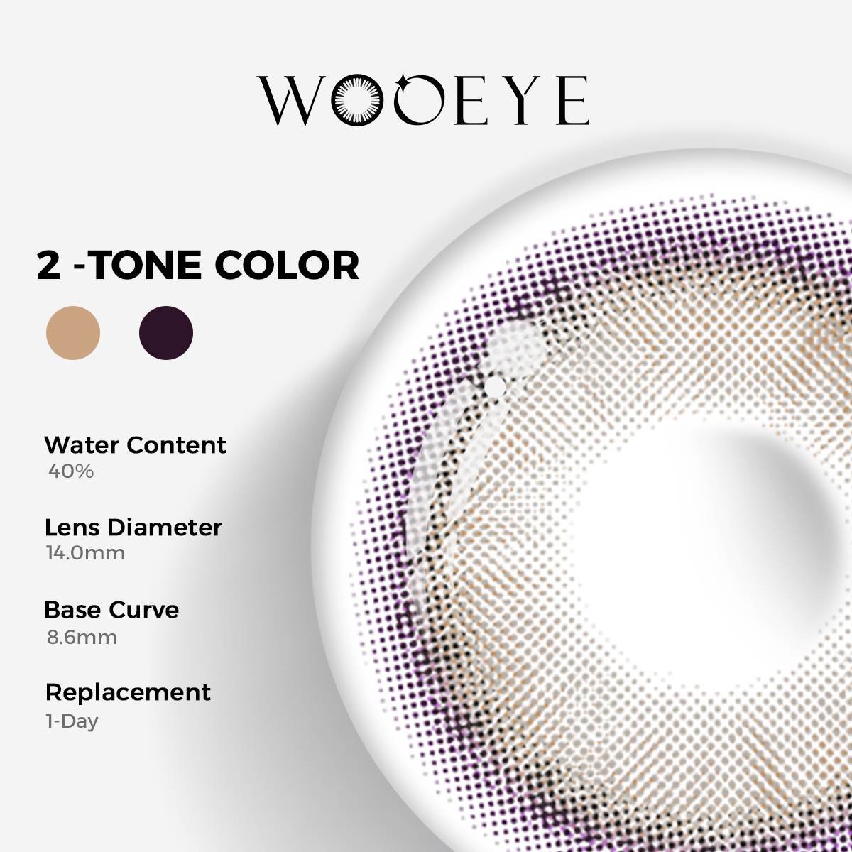 Glossy Grey Color Contacts specifications: 14.0mm diameter, 8.6mm base curve, and 40% water content for daily comfort.