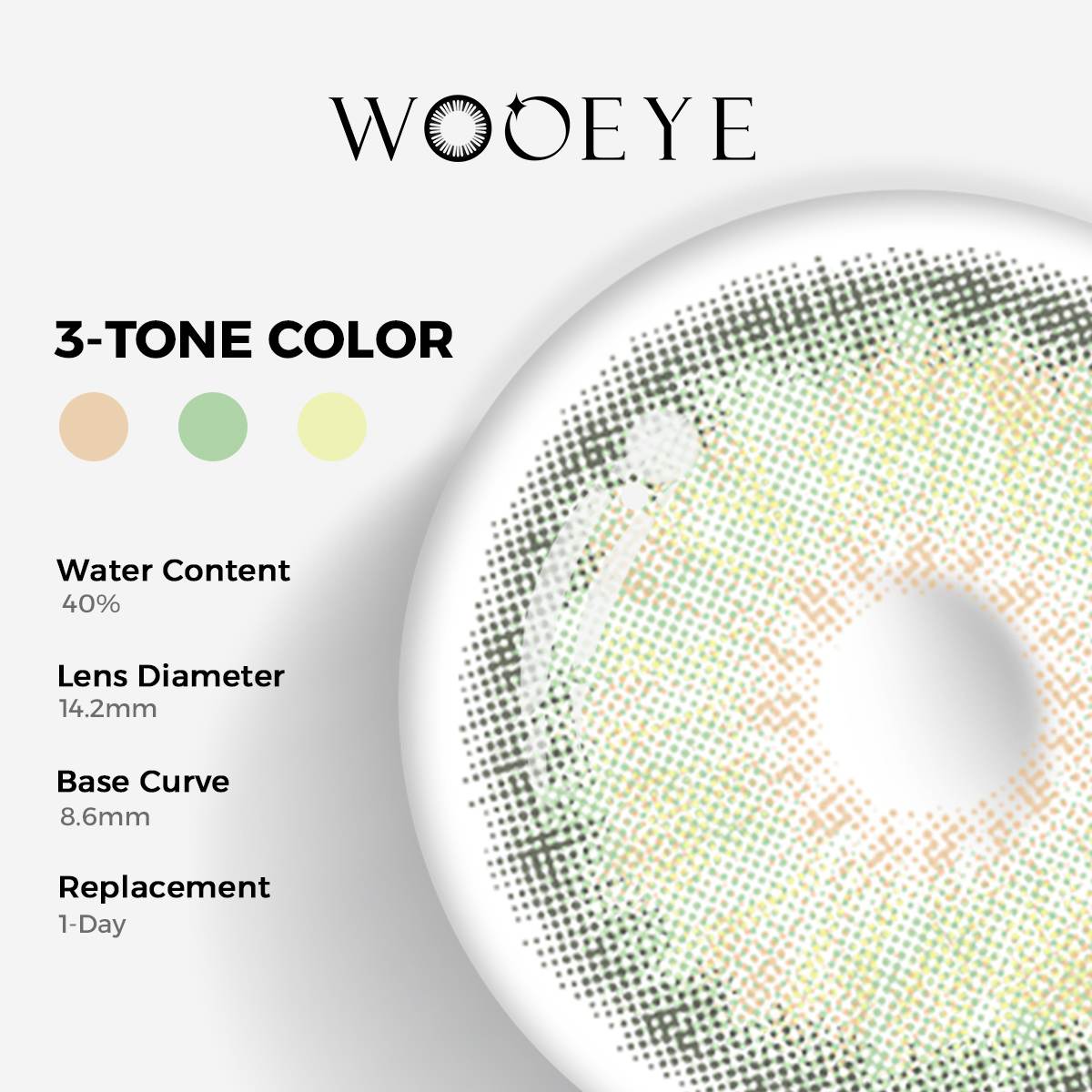Breeze Grey Color Contacts specifications: 14.2mm diameter, 8.6mm base curve, and 40% water content for daily comfort.