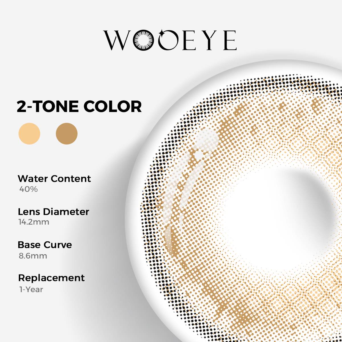 Soul Brown Color Contacts specifications: 14.2mm diameter, 8.6mm base curve, and 40% water content for daily comfort.