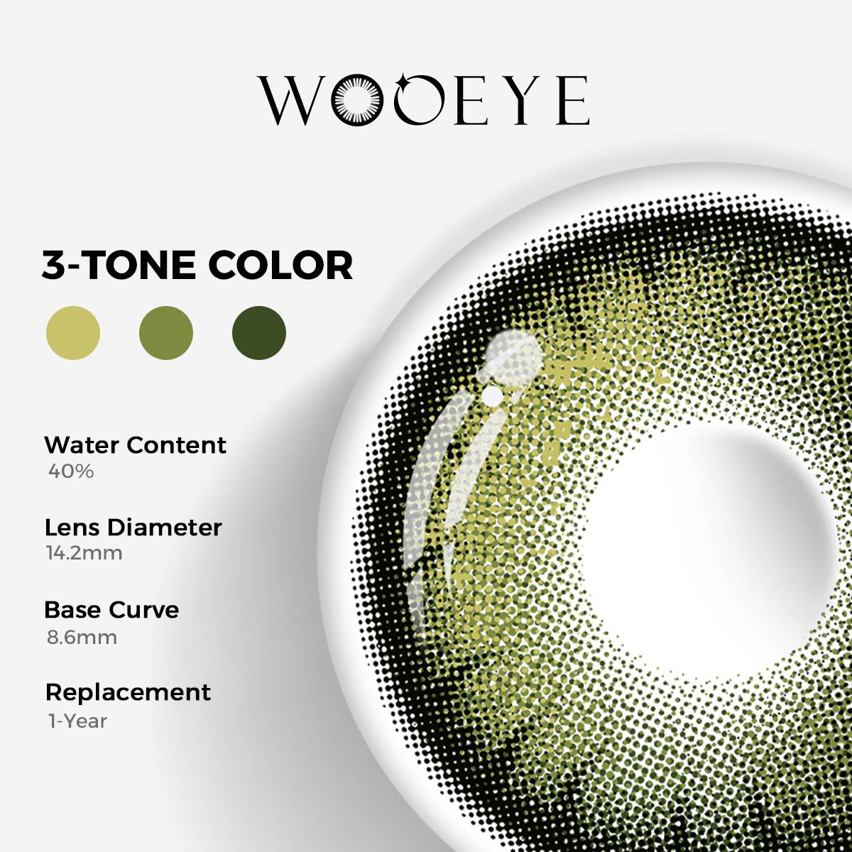 Night Green Color Contacts specifications: 14.2mm diameter, 8.6mm base curve, and 40% water content for daily comfort.