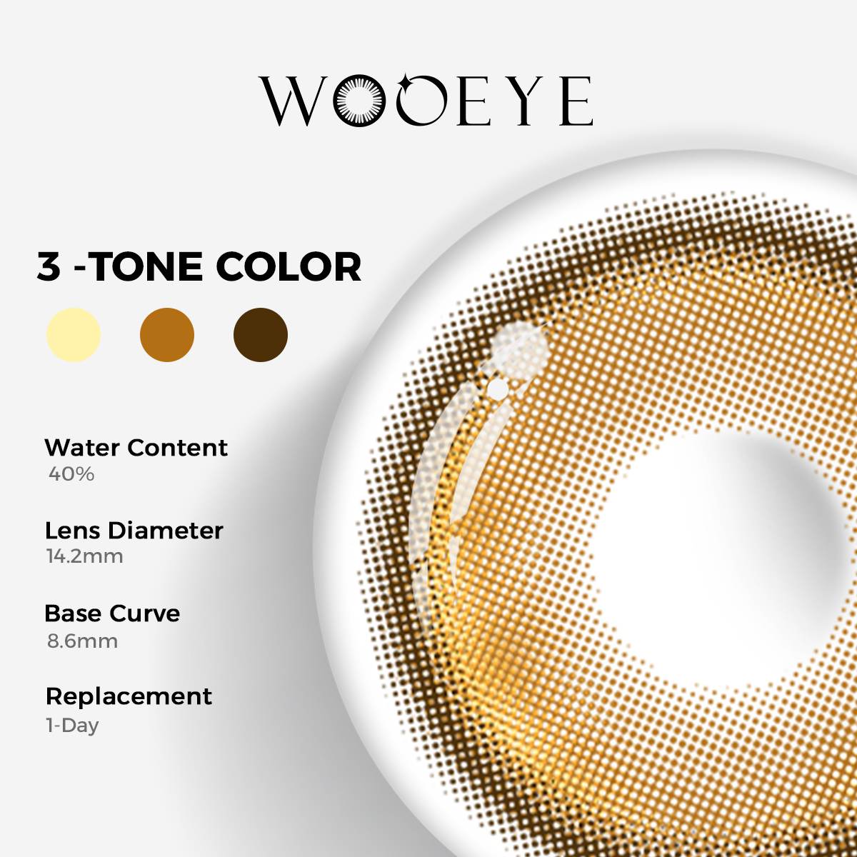 Honeycomb Brown Color Contacts specifications: 14.2mm diameter, 8.6mm base curve, and 40% water content for daily comfort.