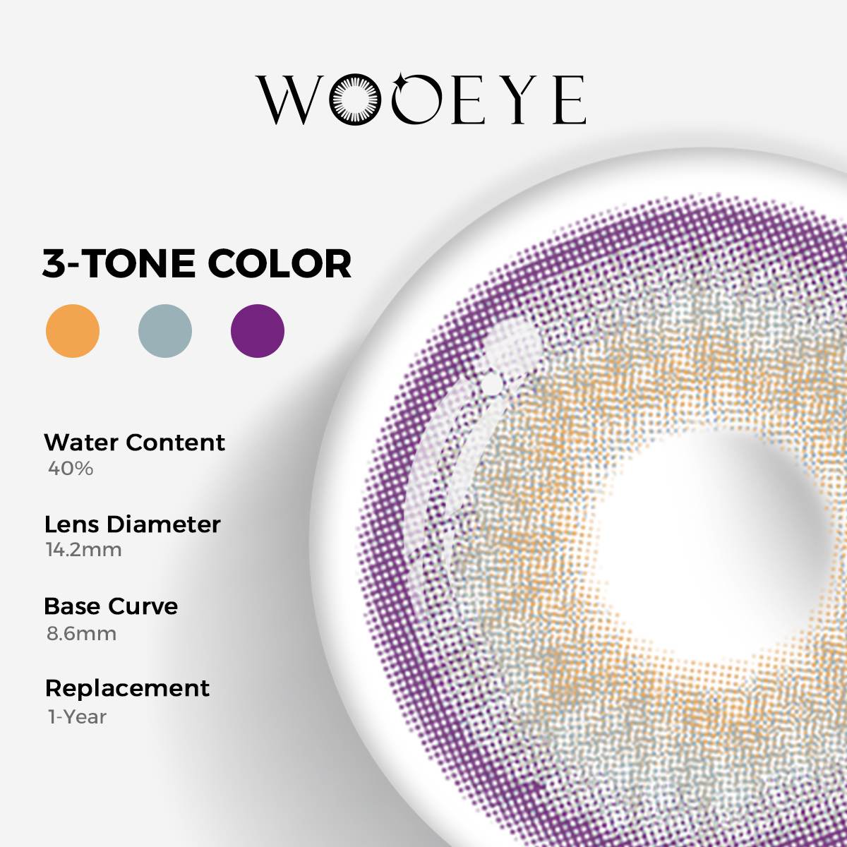 Pola Purple Color Contacts specifications: 14.2mm diameter, 8.6mm base curve, and 40% water content for daily comfort.