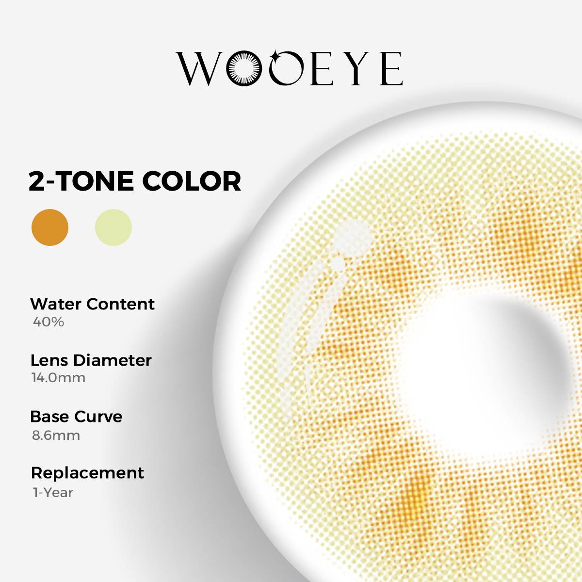 Molly Brown Grey Color Contacts specifications: 14.0mm diameter, 8.6mm base curve, and 40% water content for daily comfort.