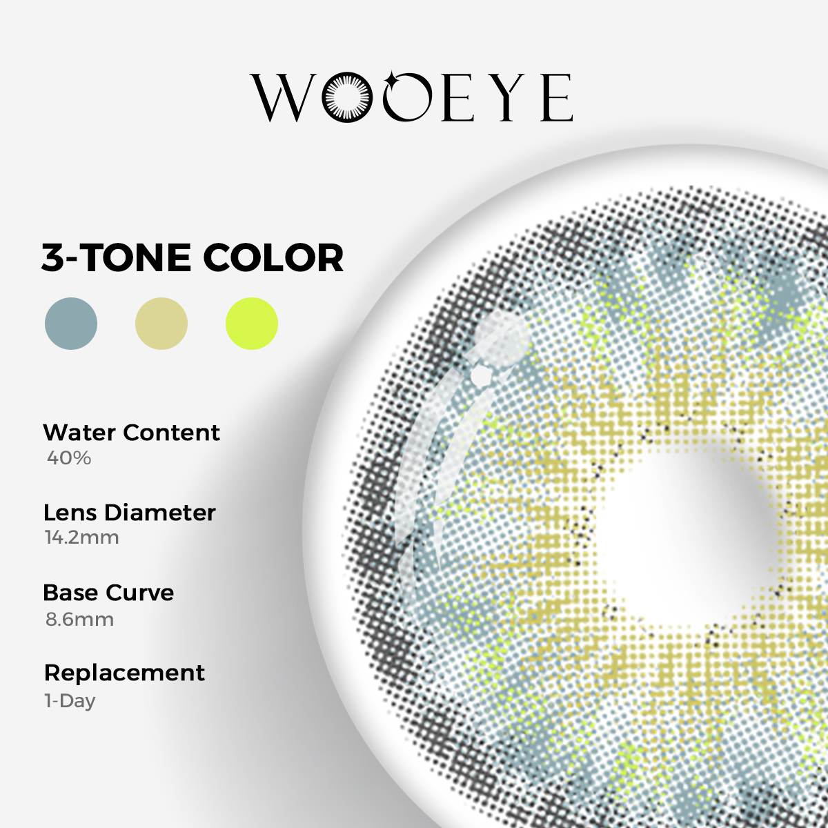 Thorn Blue Color Contacts specifications: 14.2mm diameter, 8.6mm base curve, and 40% water content for daily comfort.