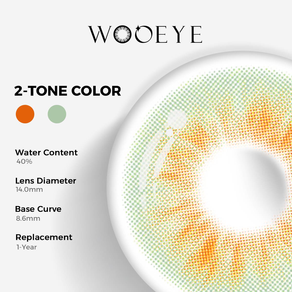 Molly Green Color Contacts specifications: 14.0mm diameter, 8.6mm base curve, and 40% water content for daily comfort.