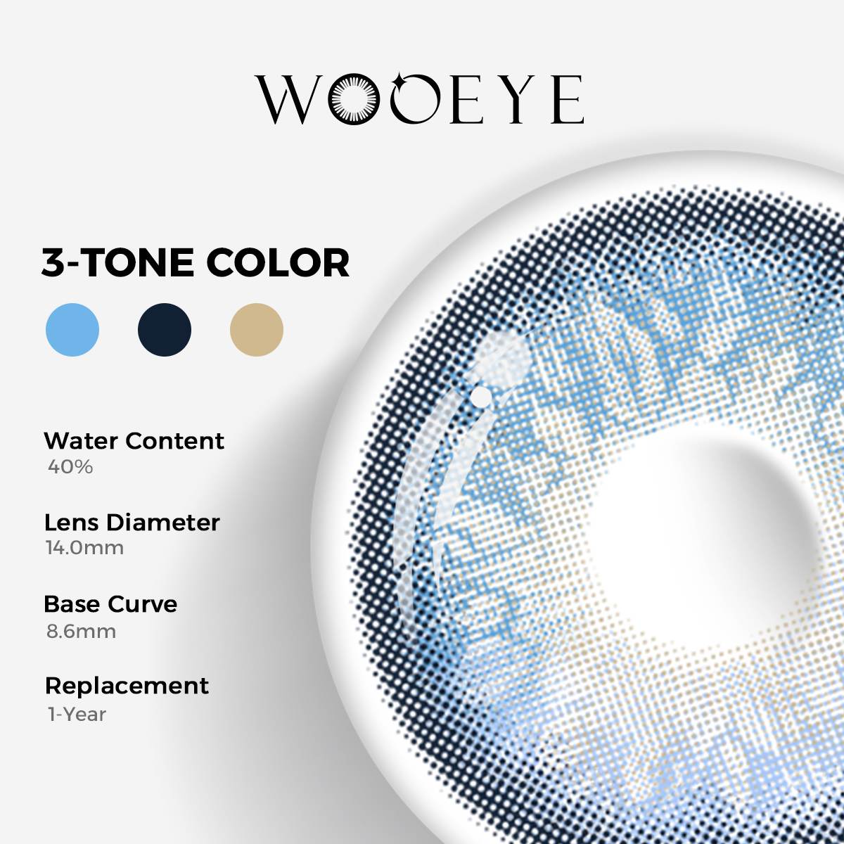 Alice Blue Color Contacts specifications: 14.0mm diameter, 8.6mm base curve, and 40% water content for daily comfort.