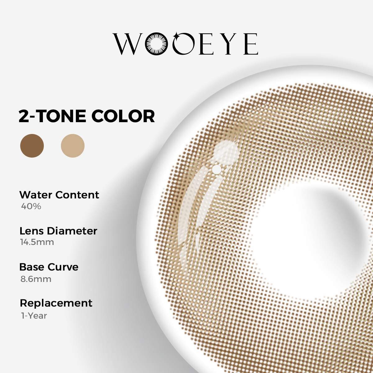 Princess Grey Color Contacts specifications: 14.5mm diameter, 8.6mm base curve, and 40% water content for daily comfort.