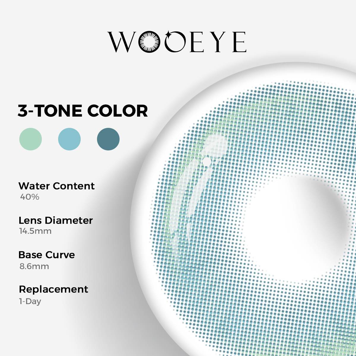 Milk Blue Color Contacts specifications: 14.5mm diameter, 8.6mm base curve, and 40% water content for daily comfort.
