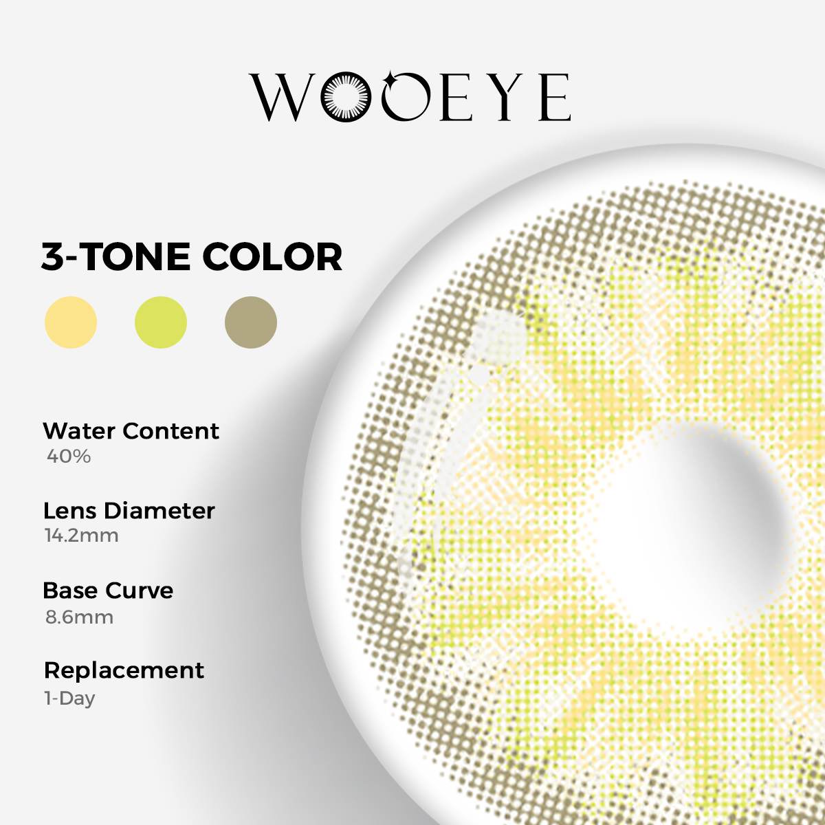 Chamer Grey I Color Contacts specifications: 14.2mm diameter, 8.6mm base curve, and 40% water content for daily comfort.