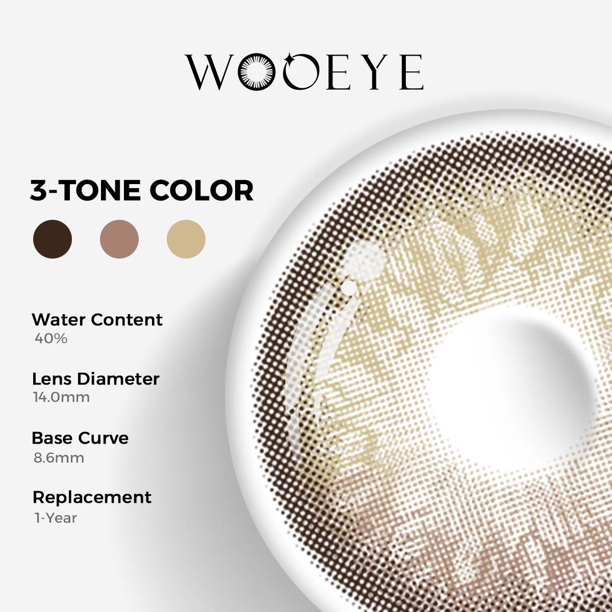 Alice Brown Color Contacts specifications: 14.0mm diameter, 8.6mm base curve, and 40% water content for daily comfort.