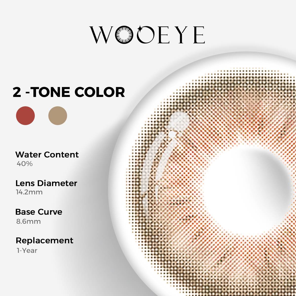 Coral Grey Color Contacts specifications: 14.2mm diameter, 8.6mm base curve, and 40% water content for daily comfort.