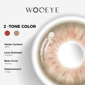 Coral Grey Color Contacts specifications: 14.2mm diameter, 8.6mm base curve, and 40% water content for daily comfort.