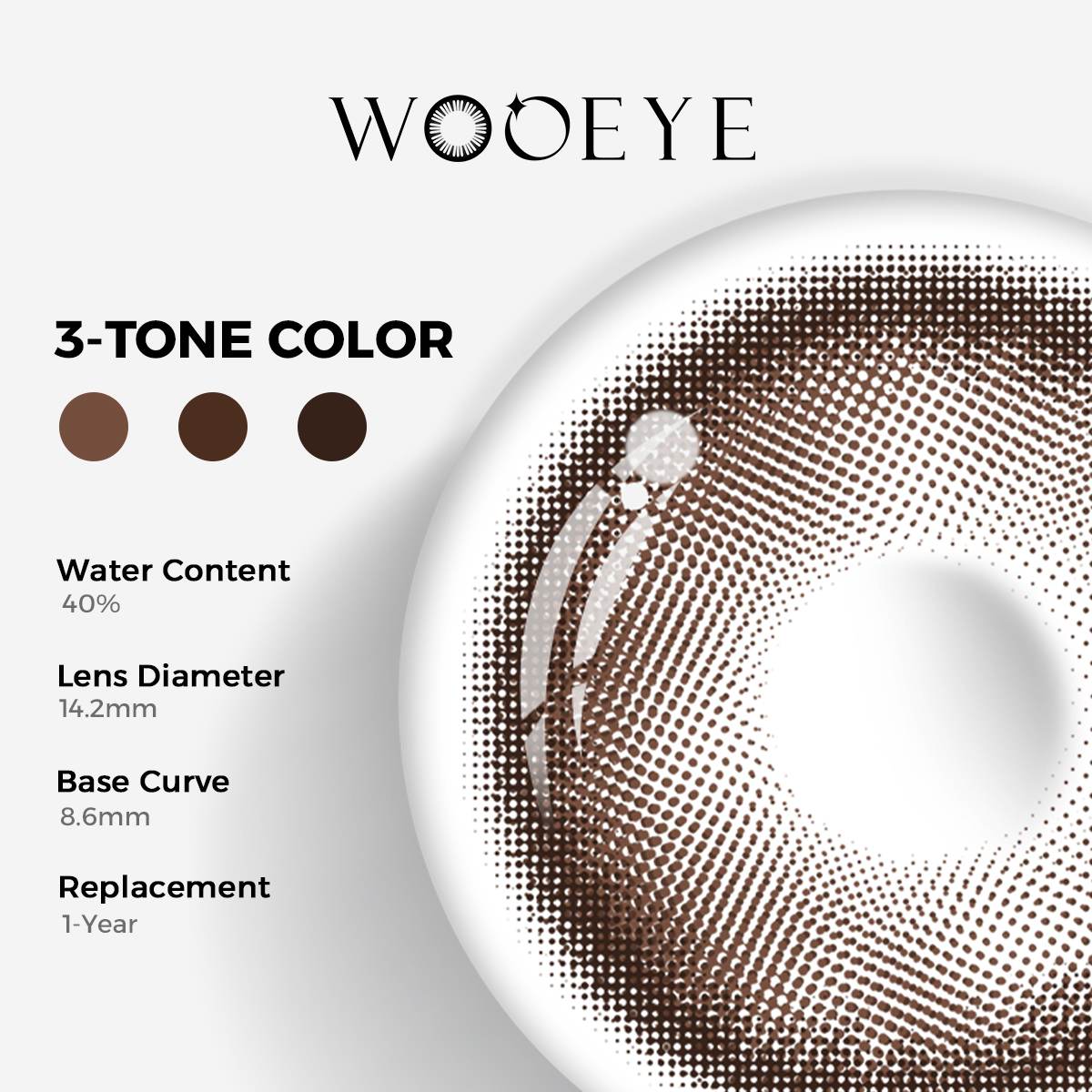 Master Gray Color Contacts specifications: 14.2mm diameter, 8.6mm base curve, and 40% water content for daily comfort.